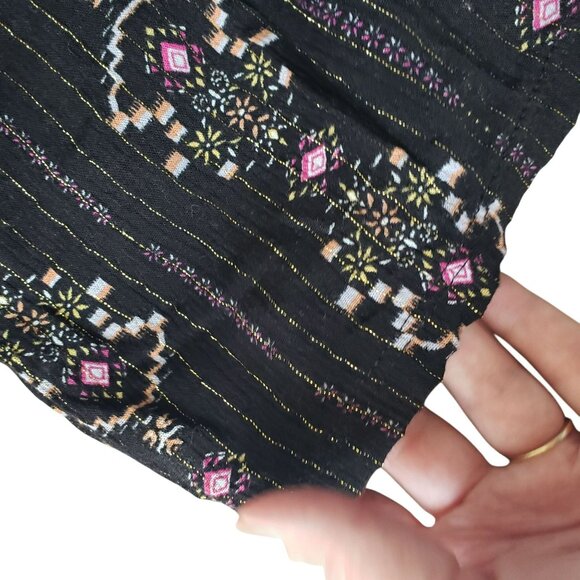Three Dots Black Metallic Gold Floral Boho Print Elastic Waist Lightweight Short - Picture 6 of 10